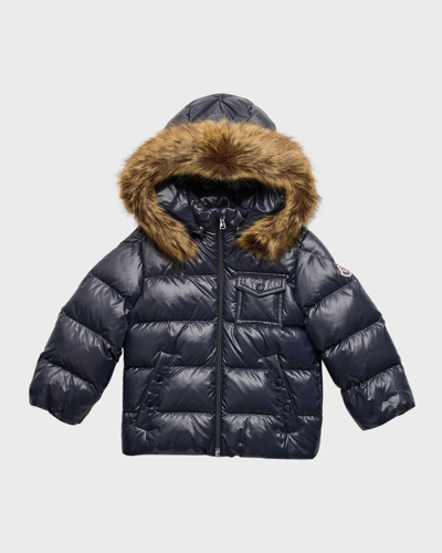 Shop Moncler Kid's Quilted Puffer Faux Fur Jacket In Navy