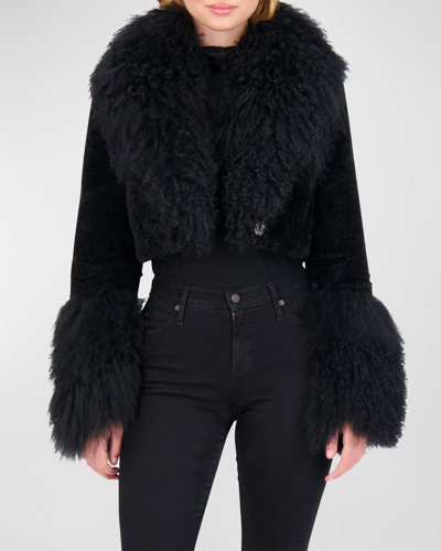 Shop Gorski Cashmere Goat Fur Crop Bolero Jacket With Mongolian Goat Fur Collar And Cuffs In Black