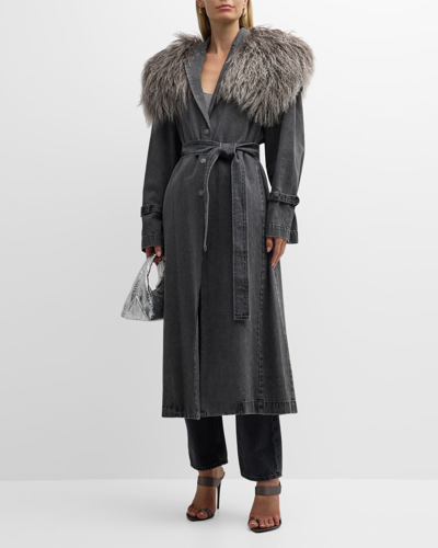 Shop Lapointe Washed Denim Belted Long Trench Coat With Mongolian Sheep Shearling Trim In Steel