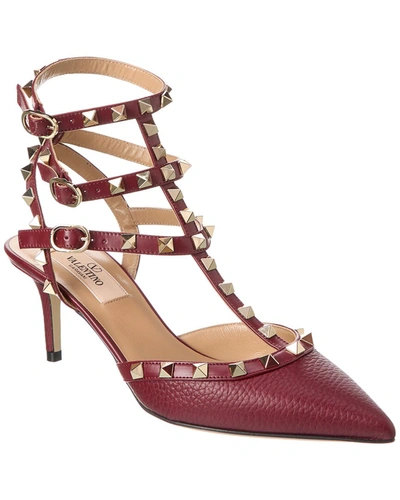 Shop Valentino Rockstud Caged 65 Grainy Leather Ankle Strap Pump In Red