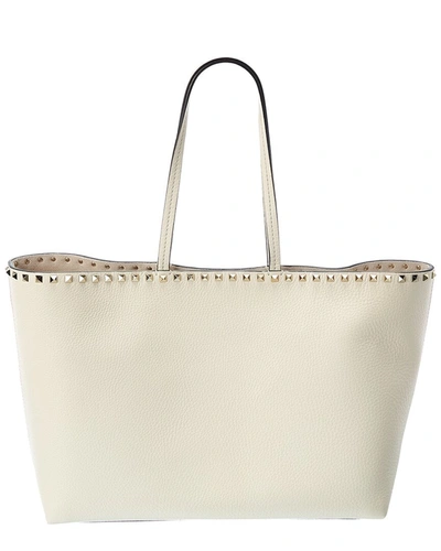 Shop Valentino Rockstud Large Grainy Leather Shopper Tote In White