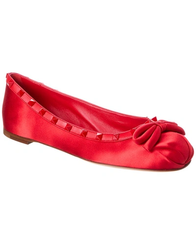 Shop Valentino Rockstud Satin & Leather Ballerina Flat In Red
