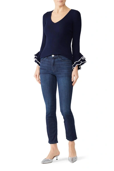 Shop Milly Contrast Ruffle Sleeve Sweater In Blue