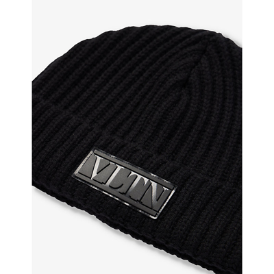 Shop Valentino Garavani Men's Nero Nero Brand-patch Chunky-knit Wool Beanie Hat