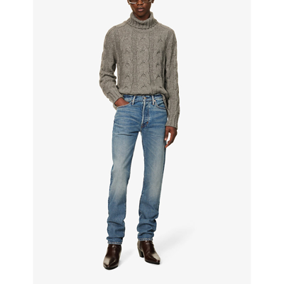 Shop Tom Ford Mens New Strong High / Low Faded-wash Straight-leg Regular-fit Selvedge Denim Jeans