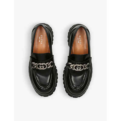 Shop Gucci Women's Black Jeanne Chain-embellished Leather Loafers