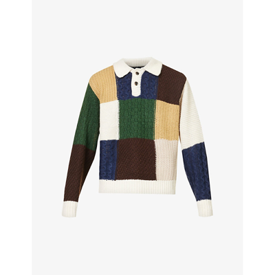 Shop Obey Mens Unbleached Multi Oliver Patchwork-pattern Knitted Jumper