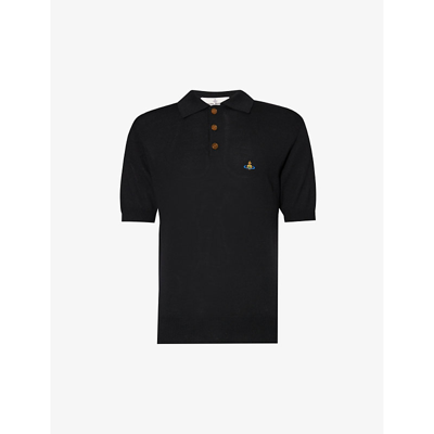 Shop Vivienne Westwood Men's Black Logo-embroidered Regular-fit Wool Knitted Polo Shirt