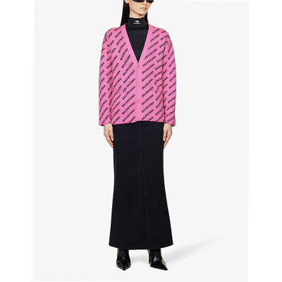 Shop Balenciaga Women's Pink/black Logo-print V-neck Cotton-blend Knitted Cardigan