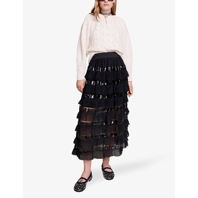 Shop Maje Women's Noir / Gris Josephy Sequin-trimmed Woven Midi Skirt