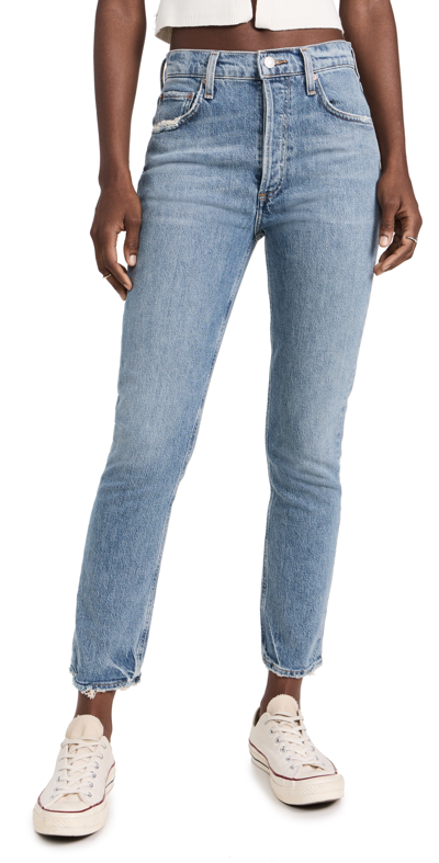 Shop Agolde Riley Long High Rise Straight Jeans Quiver