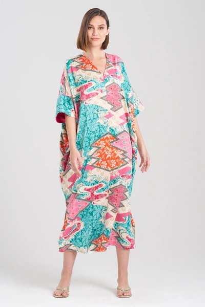 Shop Natori Orient Express Cocoon Caftan Dress In Teal Combo