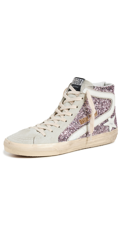 Shop Golden Goose Slide Glitter And Suede Sneakers Lilac/ice/sand