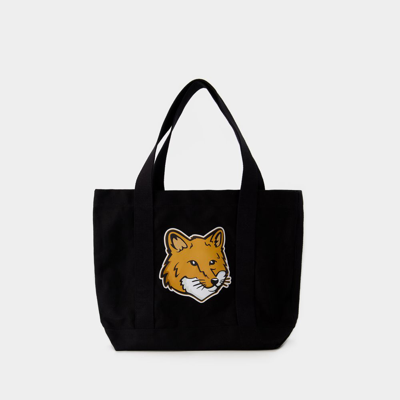 Shop Maison Kitsuné Fox Head Tote Bag - Maison Kitsune - Cotton - Black