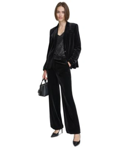 Shop Calvin Klein Petite Velvet One Button Jacket Sequined Camisole Velvet Wide Leg Pants In Black