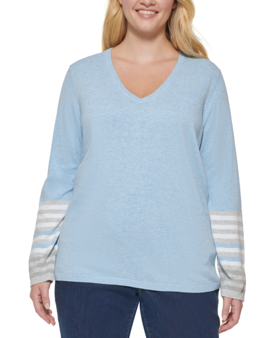 Shop Tommy Hilfiger Plus Size Striped-sleeve Sweater In Crystal Blue