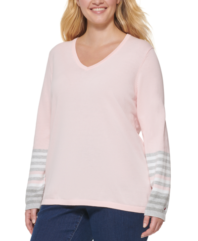 Shop Tommy Hilfiger Plus Size Striped-sleeve Sweater In Ballerina Pink