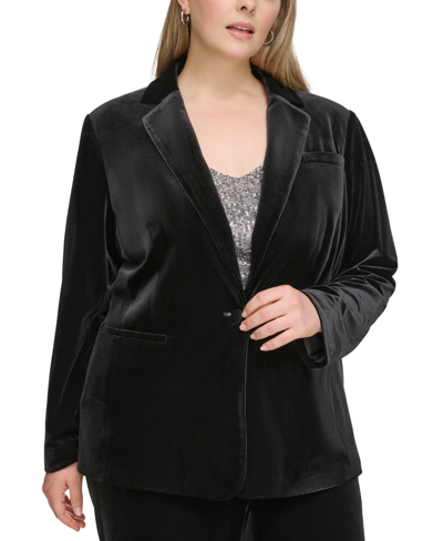Shop Calvin Klein Plus Size Velvet One-button Long-sleeve Jacket In Black