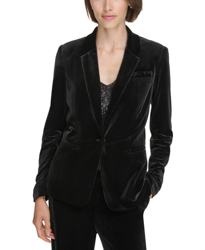 Shop Calvin Klein Petite Velvet One-button Long-sleeve Jacket In Black