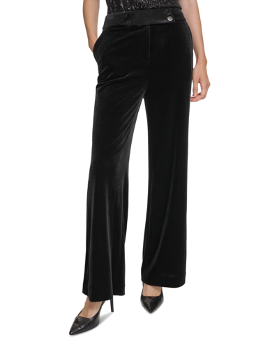 Shop Calvin Klein Petite High-rise Velvet Wide-leg Pants In Black