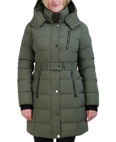 Shop Nautica Women's Belted Hooded Puffer Coat In Sage