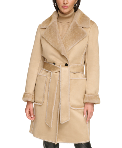 Shop Dkny Women's Petite Belted Notched-collar Faux-shearling Coat In Camel