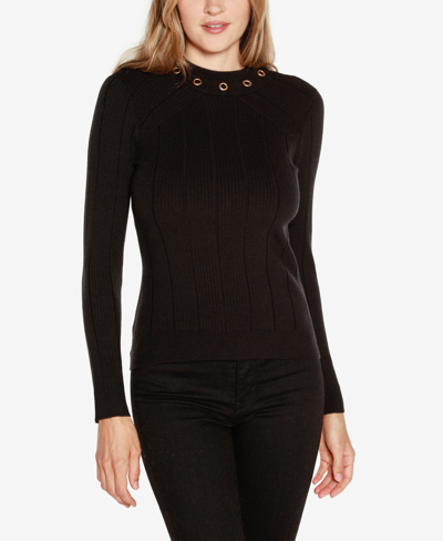 Shop Belldini Women's Ribbed Grommet Full Sleeve Sweater In Black