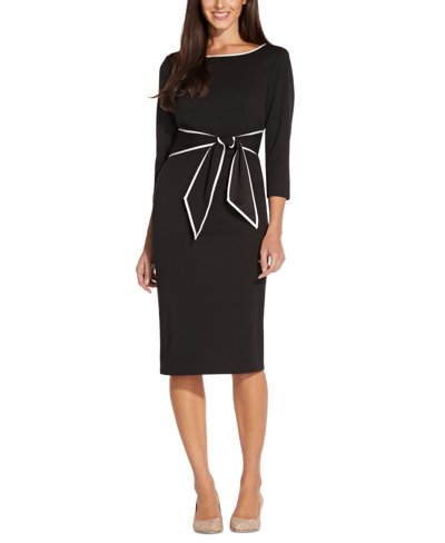 Shop Adrianna Papell Women's Tipped Tie-front 3/4-sleeve Dress In Black/ivory