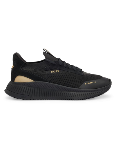 Shop Hugo Boss Men's Sock Trainer Sneakers With Knitted Upper And Fishbone Sole In Black