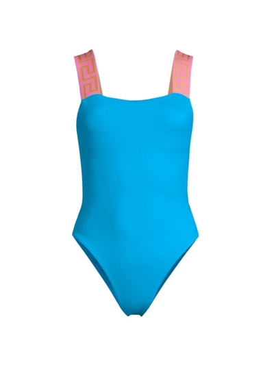 Shop Versace Women's Greca Border One-piece Swimsuit In Mediterranean Blue Flamingo