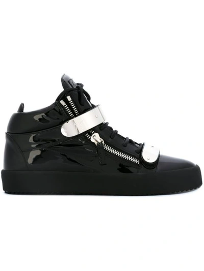 Giuseppe Zanotti Men's Double-strap Patent Leather Mid-top Sneakers, Black