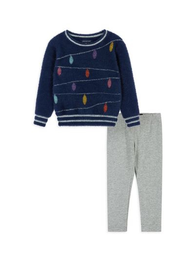 Shop Andy & Evan Baby Girl's & Little Girl's Holiday Lights Sweater & Leggings Set In Navy