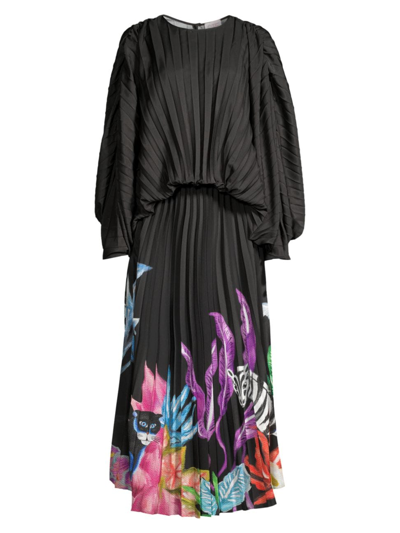 Shop Stella Jean Women's Pleated Blouson Midi-dress In Black