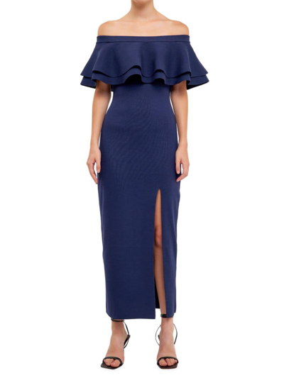 Shop Endless Rose Women's Ruffle Off-the-shoulder Midi-dress In Navy