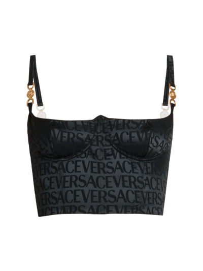 Shop Versace Women's Logomania Satin Bra In Black