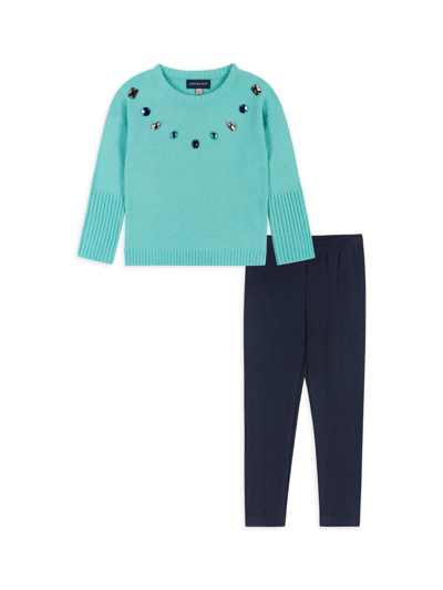 Shop Andy & Evan Little Girl's Rhinestone Sweater & Leggings Set In Aqua