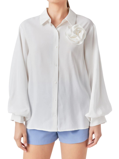 Shop Endless Rose Women's Corsage Blouson Collared Top In White