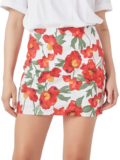 Shop Endless Rose Women's Cotton Floral Print Mini Skort In White Red