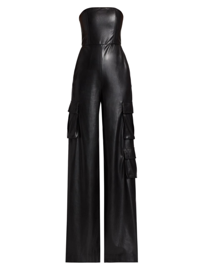 Shop Alice And Olivia Women's Emelda Cargo Vegan Leather Strapless Jumpsuit In Black