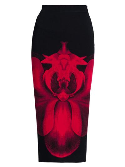 Shop Alexander Mcqueen Women's Jacquard Orchid Maxi Skirt In Black Red