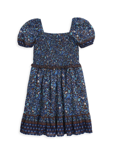 Shop Vineyard Vines Little Girl's & Girl's Smocked Puff-sleeve Dress In Fenwick Paisley Navy