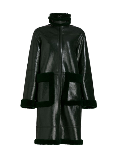Shop Helmut Lang Women's Patent Leather & Shearling Coat In Evergreen