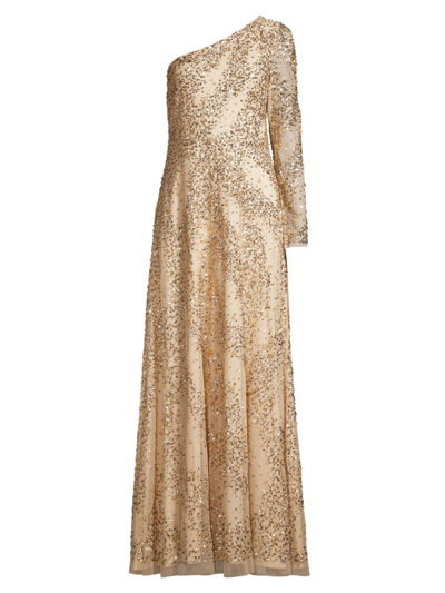 Shop Aidan Mattox Women's Beaded One-shoulder Gown In Light Gold