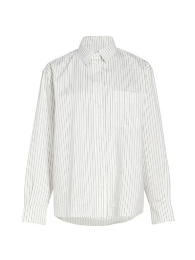 Shop Anine Bing Women's Ticking Stripe Cotton Oversized Shirt In Ivory Blue Monogram Stripe
