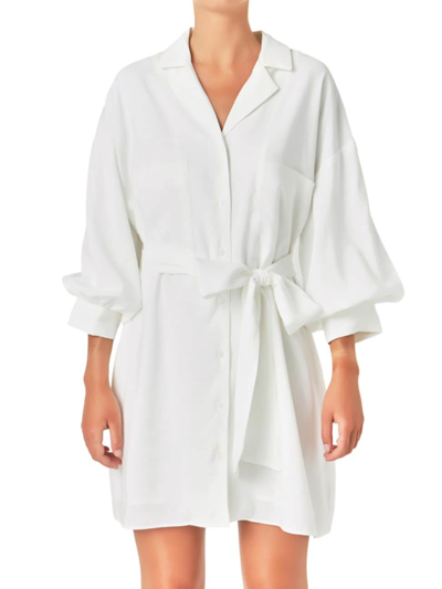 Shop Endless Rose Women's Blouson Sleeve Belted Shirt Dress In White