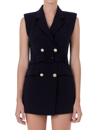 Shop Endless Rose Women's Shoulder Pad Double Breast Mini Dress In Navy