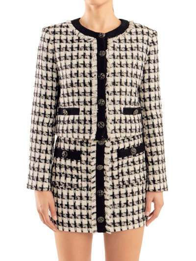 Shop Endless Rose Women's Cropped Tweed Jacket With Fringe In Black And White
