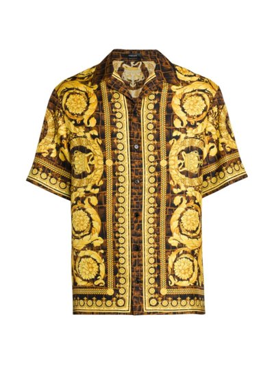 Shop Versace Men's Baroccodile Silk Camp Shirt In Caramel Black Gold