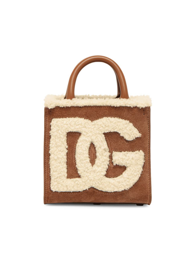 Shop Dolce & Gabbana Women's Dg Faux Shearling Top-handle Bag In Coffee Brown