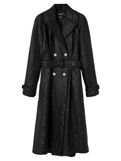 Shop Versace Women's Crocodile-embossed A-line Trench Coat In Black